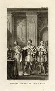 39502 Afbeelding van drie geharnaste ridders van de Ridderlijke Duitsche Orde en een priesterbroeder.01-01-1550-31-12-1600